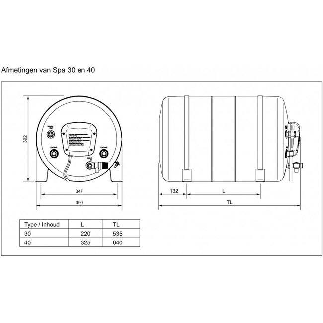 Isotherm / Isotemp Boiler 30L Spa 750W/230V met een 6 bar veiligheidsventiel, 390X535