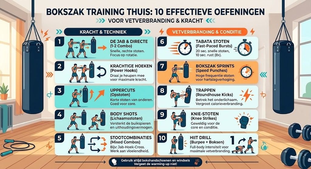 Bokszak training thuis: 10 effectieve oefeningen voor vetverbranding en kracht