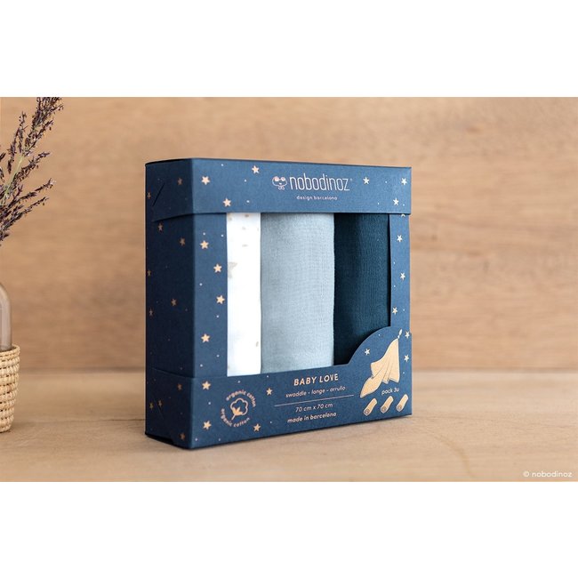 Nobodinoz Mullwindel-Set Blue 3er-Pack 70 x 70 cm