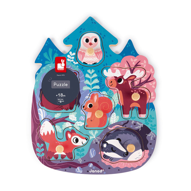 Janod Knob Puzzle Wood Forest Animals