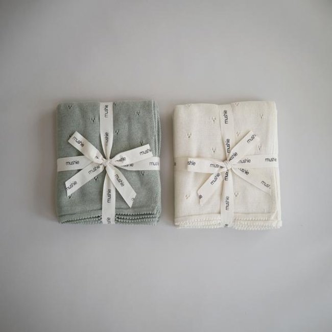 Mushie Knitted Baby Blanket Pointelle Sage Melange 80 x 100 cm