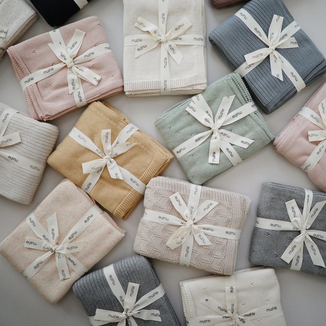 Mushie Knitted Baby Blanket Dots Mustard Melange 80 x 100 cm