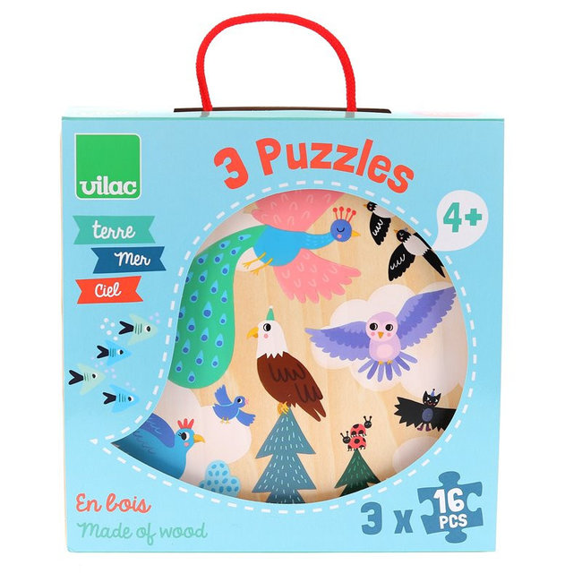 Vilac 3 Holzpuzzles Land Meer Luft 16 Teile