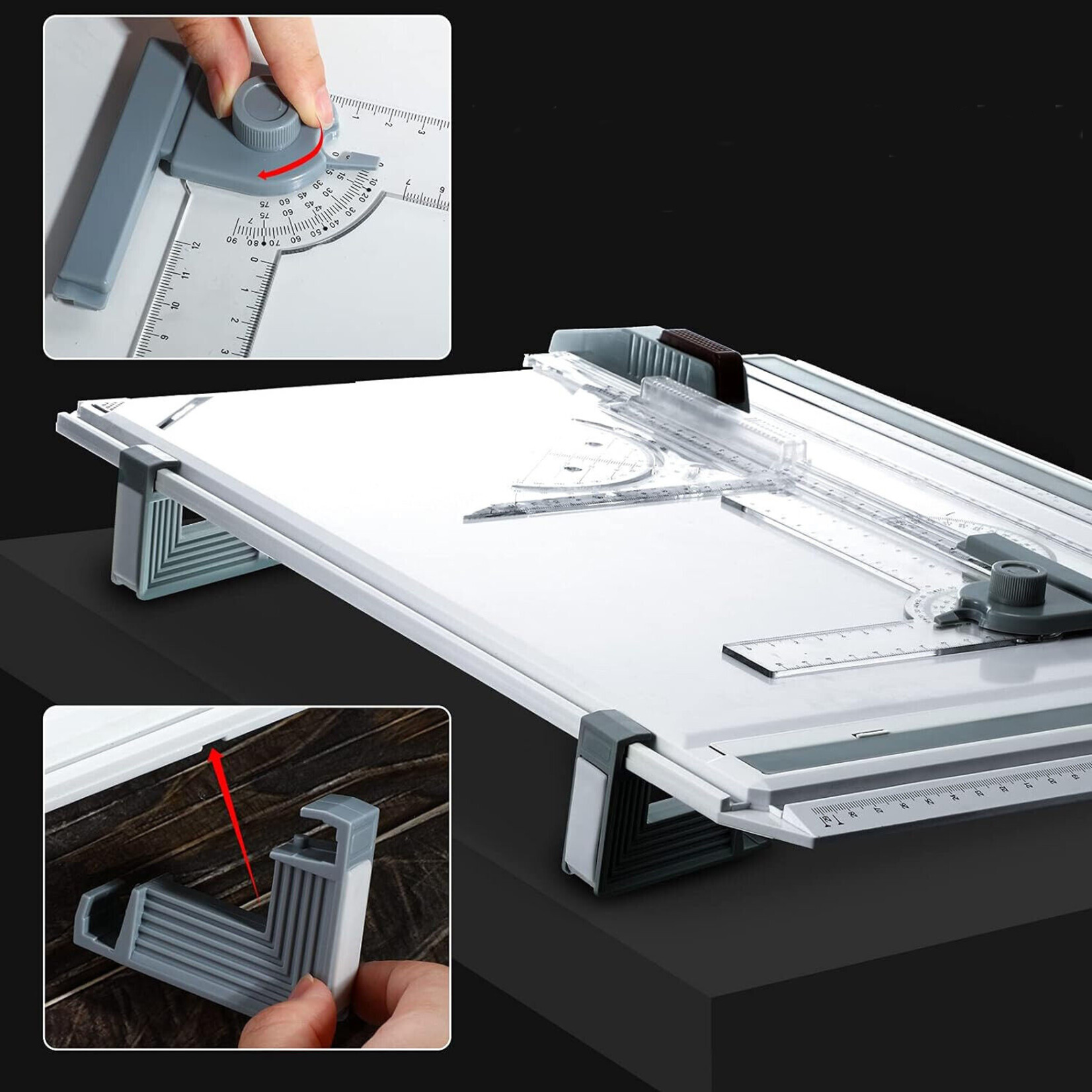 A3 tekenbord met liniaal, geodriehoek, schuifliniaal met vergrendeling, antislip steunpoten