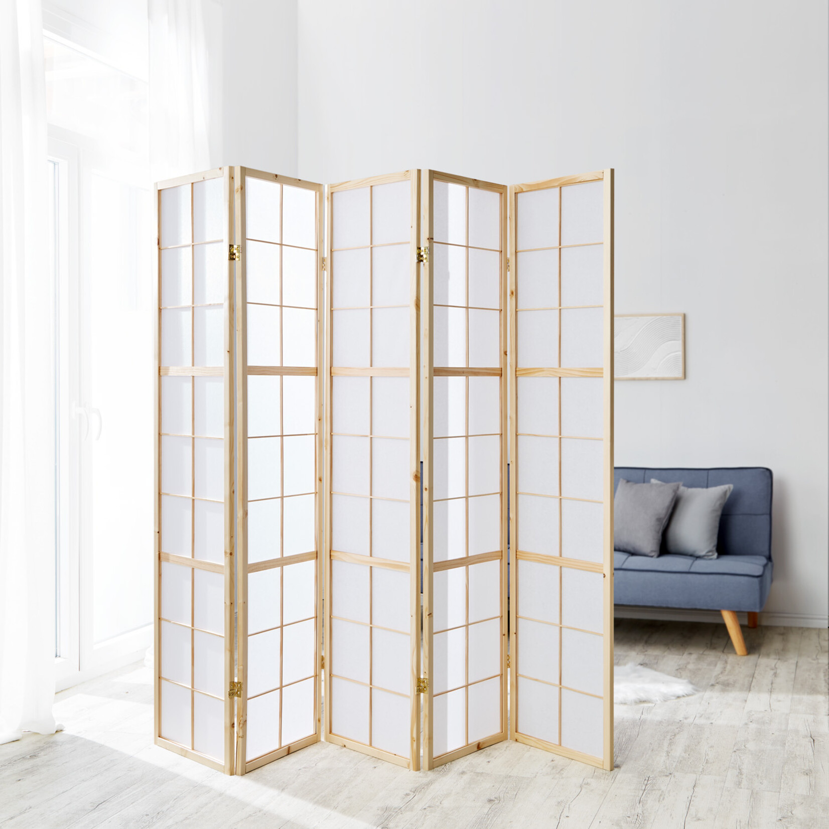 Kamerscherm roomdivider hout 5 delig inklapbaar Nature