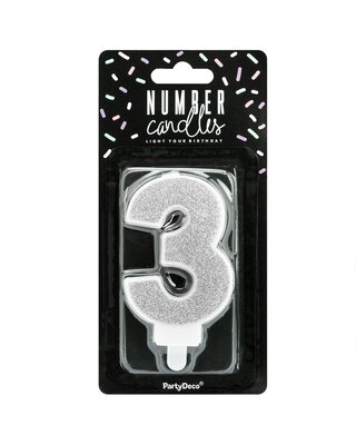 party deco PartyDeco Verjaardag Kaars Nummer 3 - zilver