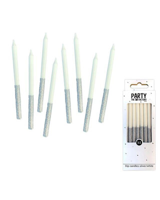 Haza Kaarsjes Glitterdip Wit/Zilver 16st
