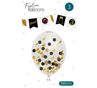 Haza Confetti ballonnen zwart/goud 5 stuks