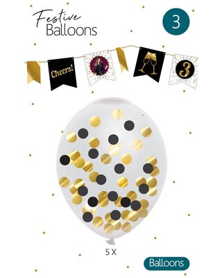 Haza Confetti ballonnen zwart/goud 5 stuks