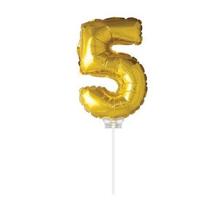 Haza Folie ballon “5“ Goud 40cm met stokje