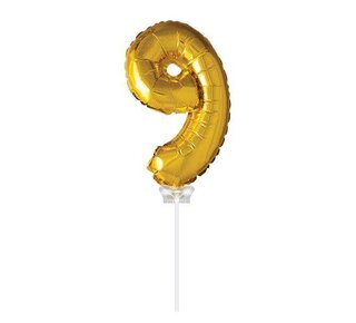 Haza Folie ballon “9“ Goud 40cm met stokje