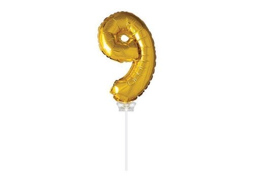 Folie ballon “9“ Goud 40cm met stokje 