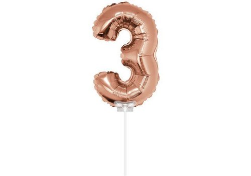 Folie ballon “3“ rose Goud 40cm met stokje 