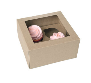 House of Marie 4 cupcake doos KRAFT met venster 9 cm hoog