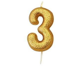 Haza Nummerkaars glitter goud ‘3' (7cm)