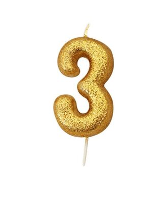 Haza Nummerkaars glitter goud ‘3' (7cm)