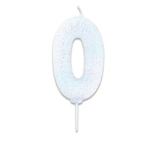 Haza Nummerkaars glitter wit ‘0' (7cm)