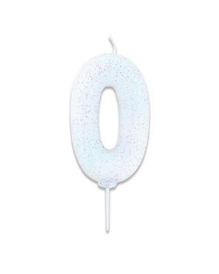 Haza Nummerkaars glitter wit ‘0' (7cm)