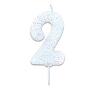 Haza Nummerkaars glitter wit ‘2' (7cm)