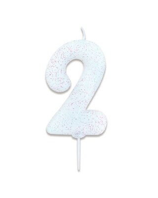 Haza Nummerkaars glitter wit ‘2' (7cm)