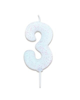 Haza Nummerkaars glitter wit ‘3' (7cm)