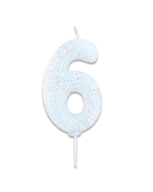 Haza Nummerkaars glitter wit ‘6' (7cm)