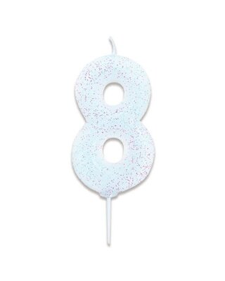 Haza Nummerkaars glitter wit ‘8' (7cm)