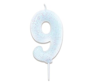 Haza Nummerkaars glitter wit ‘9' (7cm)