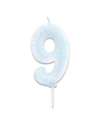 Haza Nummerkaars glitter wit ‘9' (7cm)