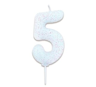 Haza Nummerkaars glitter wit ‘5' (7cm)