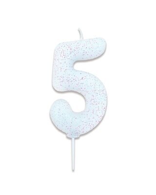Haza Nummerkaars glitter wit ‘5' (7cm)