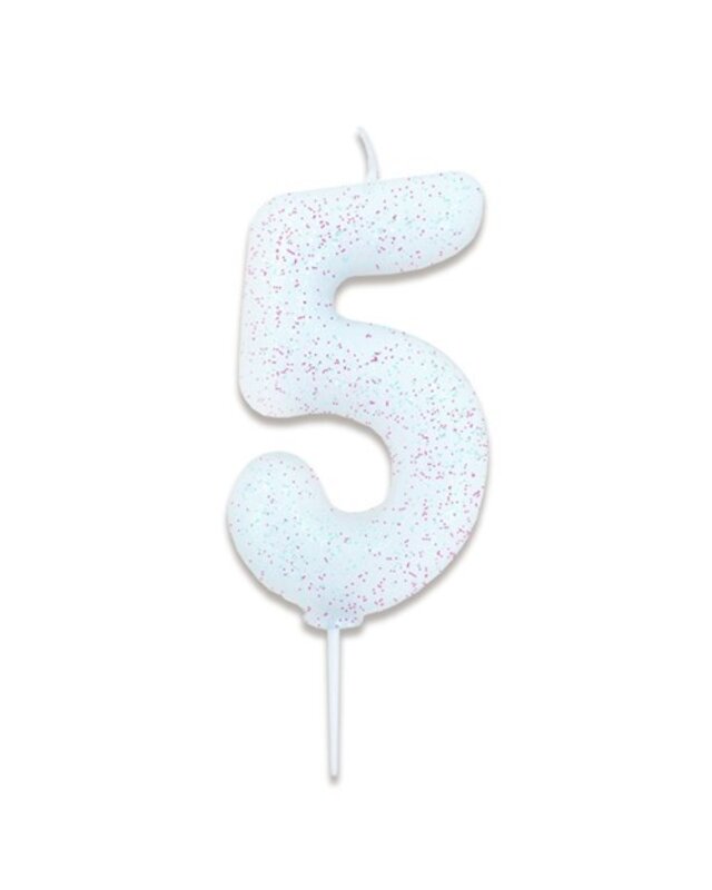Haza Nummerkaars glitter wit ‘5' (7cm)