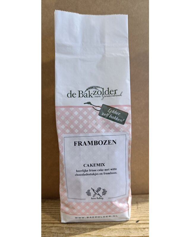 Bakzolder Frambozen met witte chocolade  cake 500 gram, ( de Bakzolder )