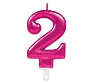 Amscan Nummerkaarsje ’2’ sparkling pink (9,3cm)