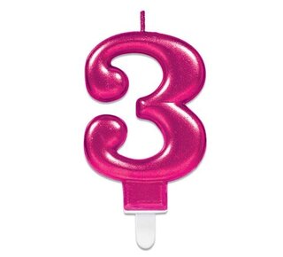 Amscan Nummerkaarsje ’3’ sparkling pink (9,3cm)