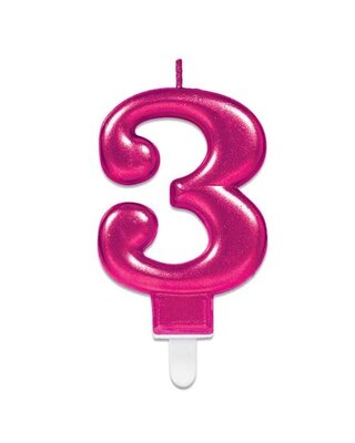 Amscan Nummerkaarsje ’3’ sparkling pink (9,3cm)