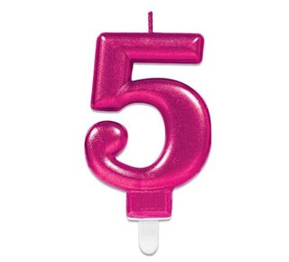 Amscan Nummerkaarsje ’5’ sparkling pink (9,3cm)