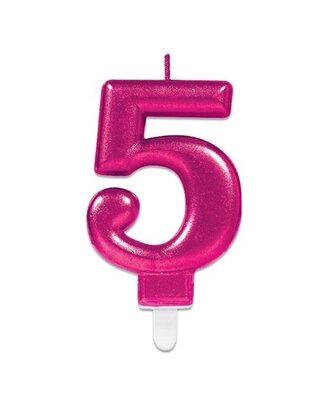 Amscan Nummerkaarsje ’5’ sparkling pink (9,3cm)
