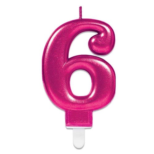 Amscan Nummerkaarsje ’6’ sparkling pink (9,3cm)