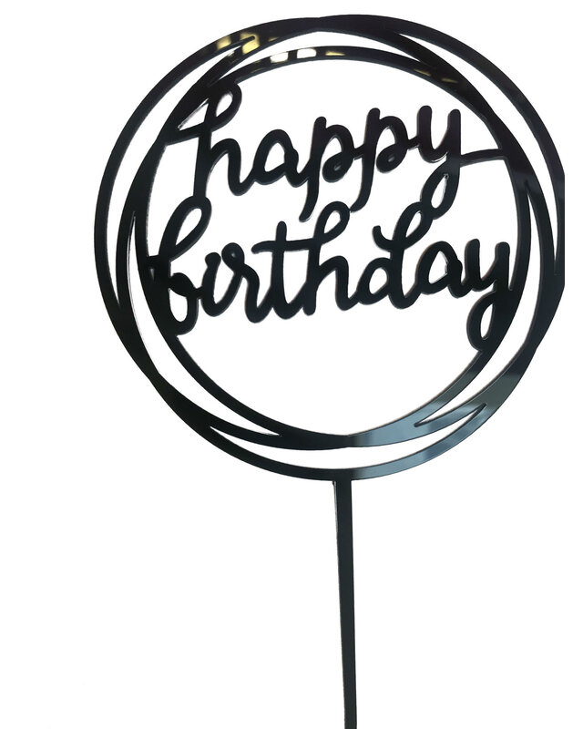 happy birthday topper rond goud/zwart/zilver roze