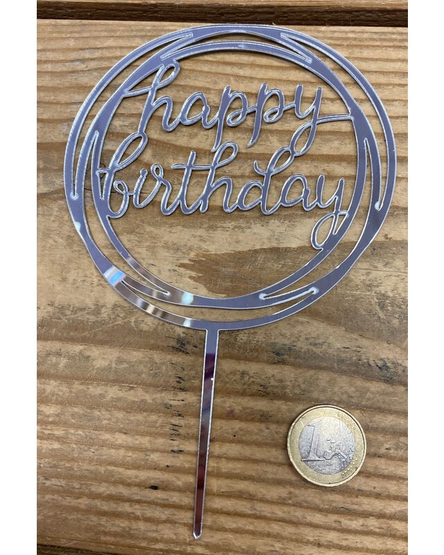 happy birthday topper rond goud/zwart/zilver roze