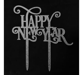 Cake topper Happy New Year zilver sparkle