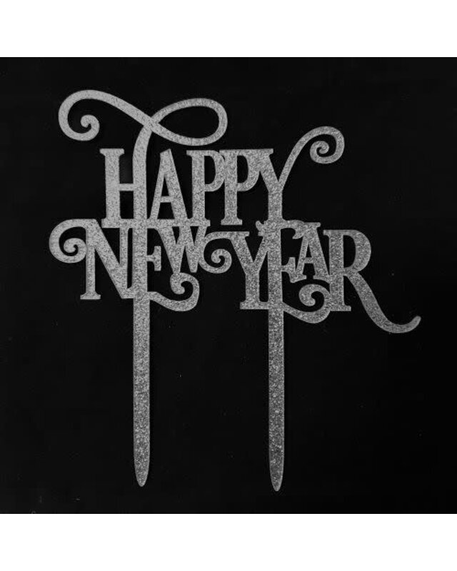 Cake topper Happy New Year zilver sparkle