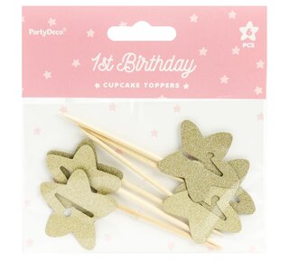 party deco PartyDeco Cupcake Toppers 1st Birthday Gouden Sterren Set/6