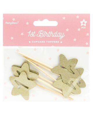 party deco PartyDeco Cupcake Toppers 1st Birthday Gouden Sterren Set/6