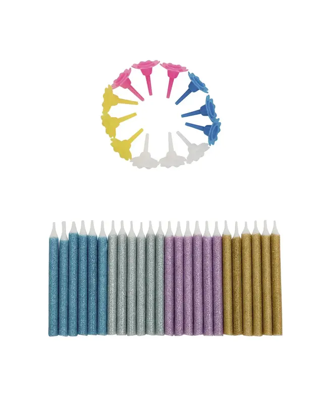 Taartkaarsjes met houders Multi Glitter 24st