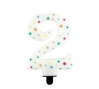 Haza Kaarsje cijfer 2 gekleurde sterren 8,5cm