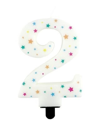 Haza Kaarsje cijfer 2 gekleurde sterren 8,5cm