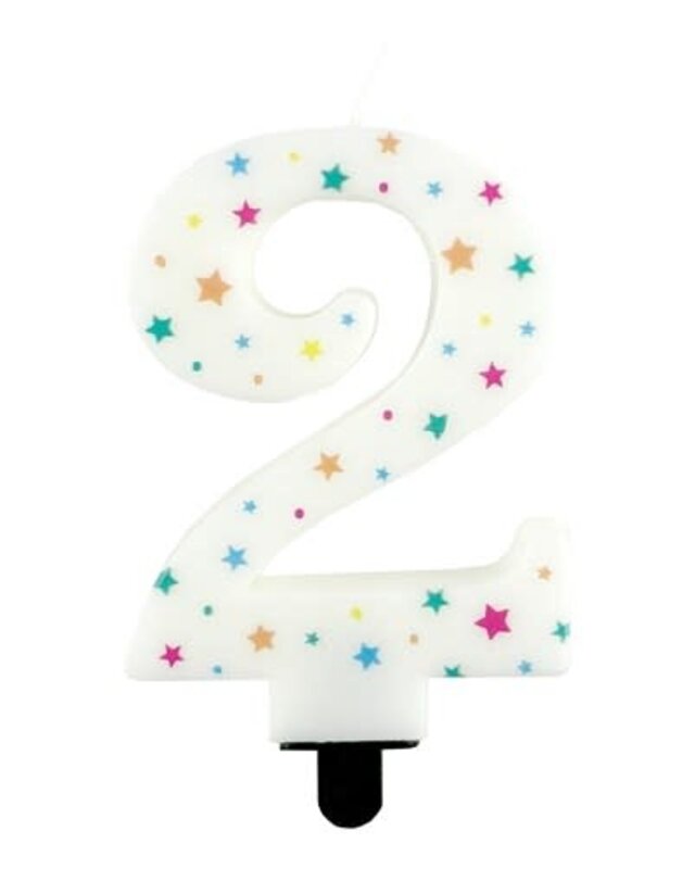 Haza Kaarsje cijfer 2 gekleurde sterren 8,5cm