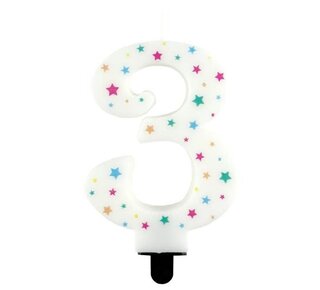 Haza Kaarsje cijfer 3 gekleurde sterren 8,5cm